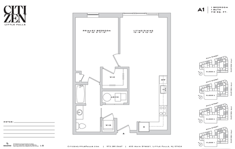 Floor plan for 1 bed, 1 bath, 898 sqft
